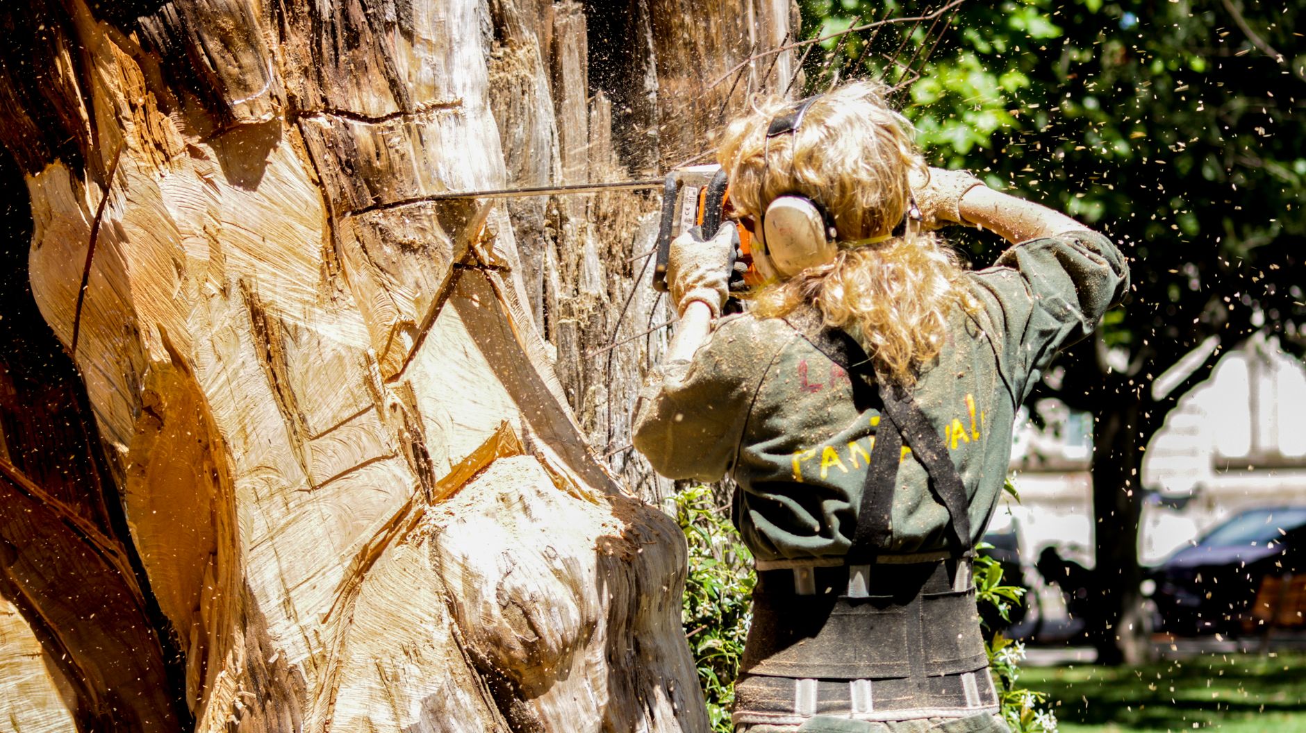 A skilled woman arborist cuts a large tree with a chainsaw outdoors, showcasing expertise in tree care in Longview, TX